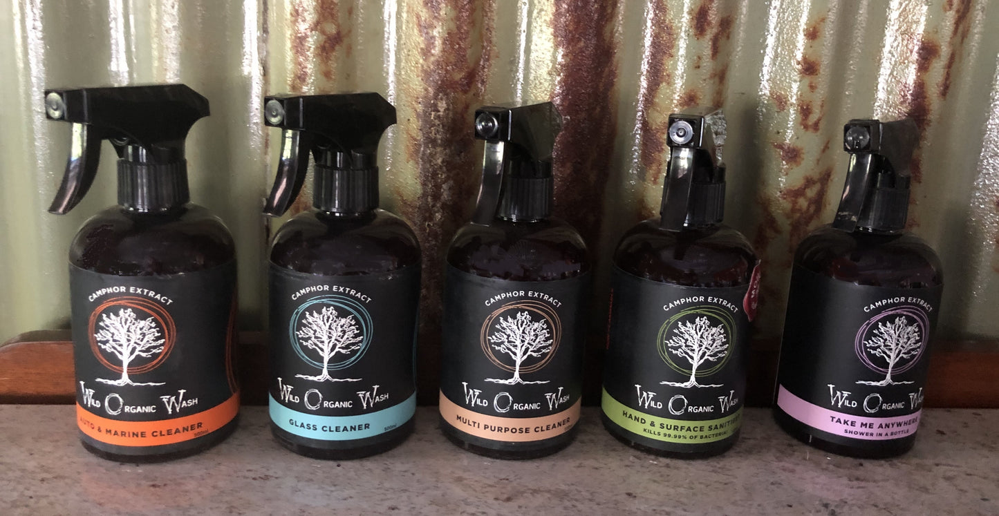Wild Organic Wash Range of Natural Cleaning Products - Multipurpose Cleaner, Glass Cleaner, Take Me Anywhere waterless body wash, Car Cleaner, Sanitiser
