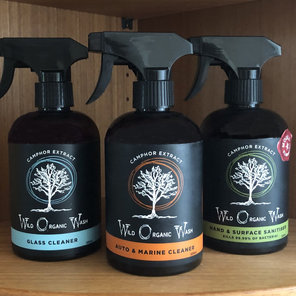 Waterless Car Wash Bundle - consists of Wild Organic Wash Auto & Marine Cleaner.  A waterless car and boat cleaner Wild Organic Wash, Glass Cleaner – for a crystal clear, streak free finish on all glass surfaces, Wild Organic Wash Hand & Surface Sanitiser – naturally antibacterial and antifungal